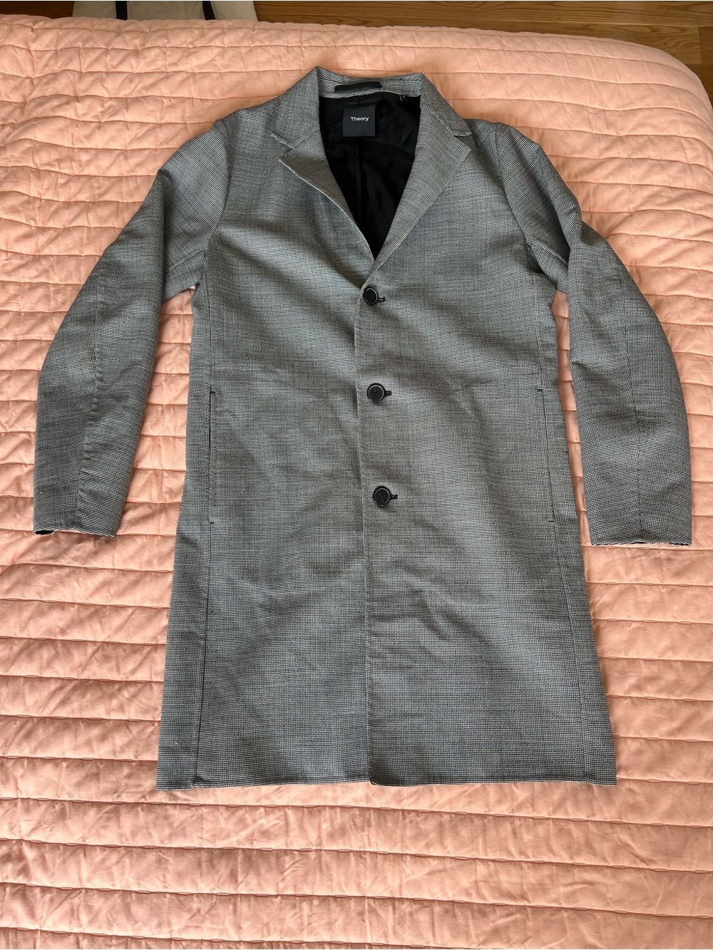 Theory 3 Button Gray Plaid Textured Long Coat Blazer Size Medium